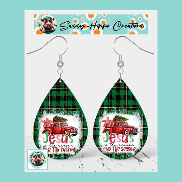 Earrings Jesus is the Reason for the Season Christmas Green Plaid Hand Sublimate - Picture 1 of 4